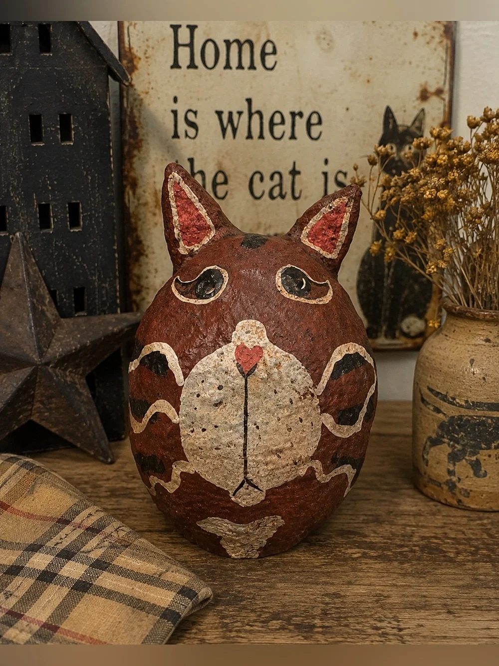Primitive Folk Art Cat Figurine Hand Painted Papier Mache Rustic Whimsical